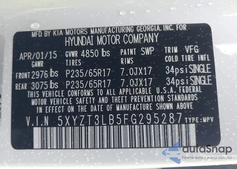 2015 Hyundai Santa Fe Sport 2.4L from USA, damaged, VIN 5XYZT3LB5FG295287